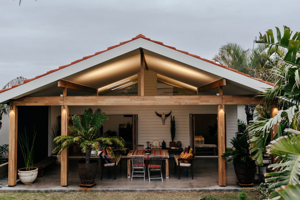 Patio with wood beams and bounced lighting